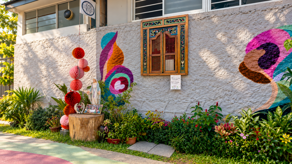 Colorful mural, wooden window and garden outside a coffee shop along Joo Chiat Road, Singapore