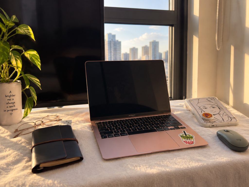 Laptop, journal and mouse arranged by a bright window workspace
